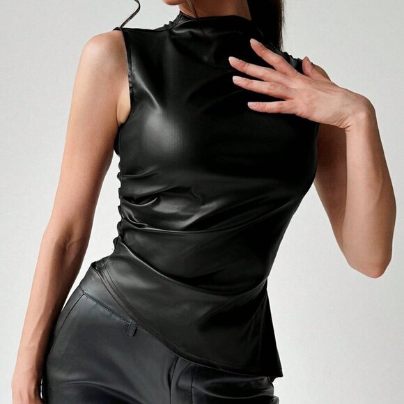 Black Sexy Women's Elegant Vintage Motorcycle Asymmetric Pleated Waist Vest - Picture 1 of 5